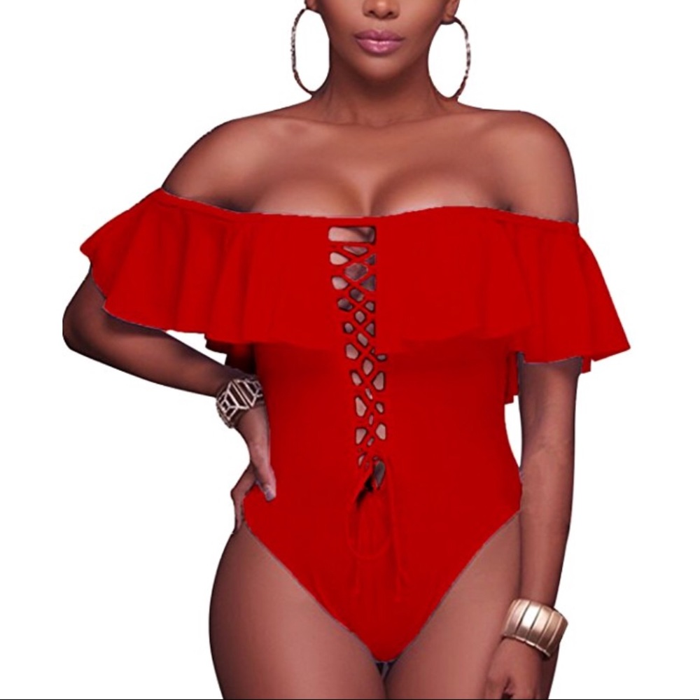 Red one-piece monokini w/ ruffle off-shoulder top